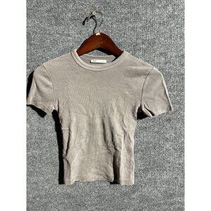 Zara Shirt Womens Small Beige Ribbed Knit Crew Neck Short Sleeve Basic Fitted